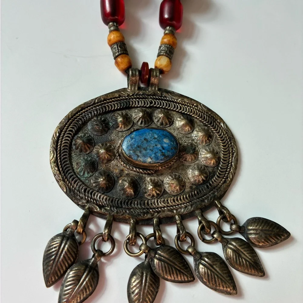 Vintage Artisan Bohemian Silver and Blue Pendant Necklace